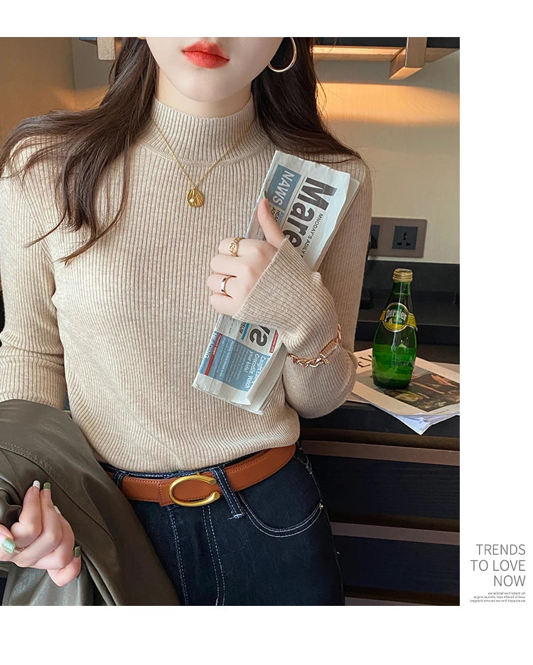 Autumn Winter Mock Neck Women Sweater Vintage Basic Solid Knitted Korean Tops Casual Slim Pullover Sweaters Simple Chic Jumpers - Smarsty