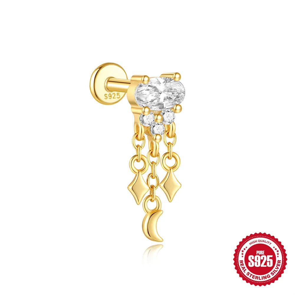 925 Silver Star Moon Zircon Stud Earrings Hypoallergenic - Smarsty