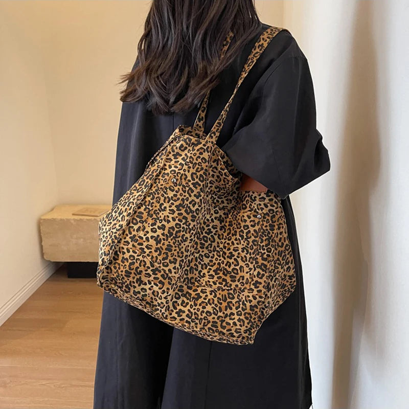 Leopard Pattern Tote Bag Vintage Canvas With Large Capacity - Smarsty