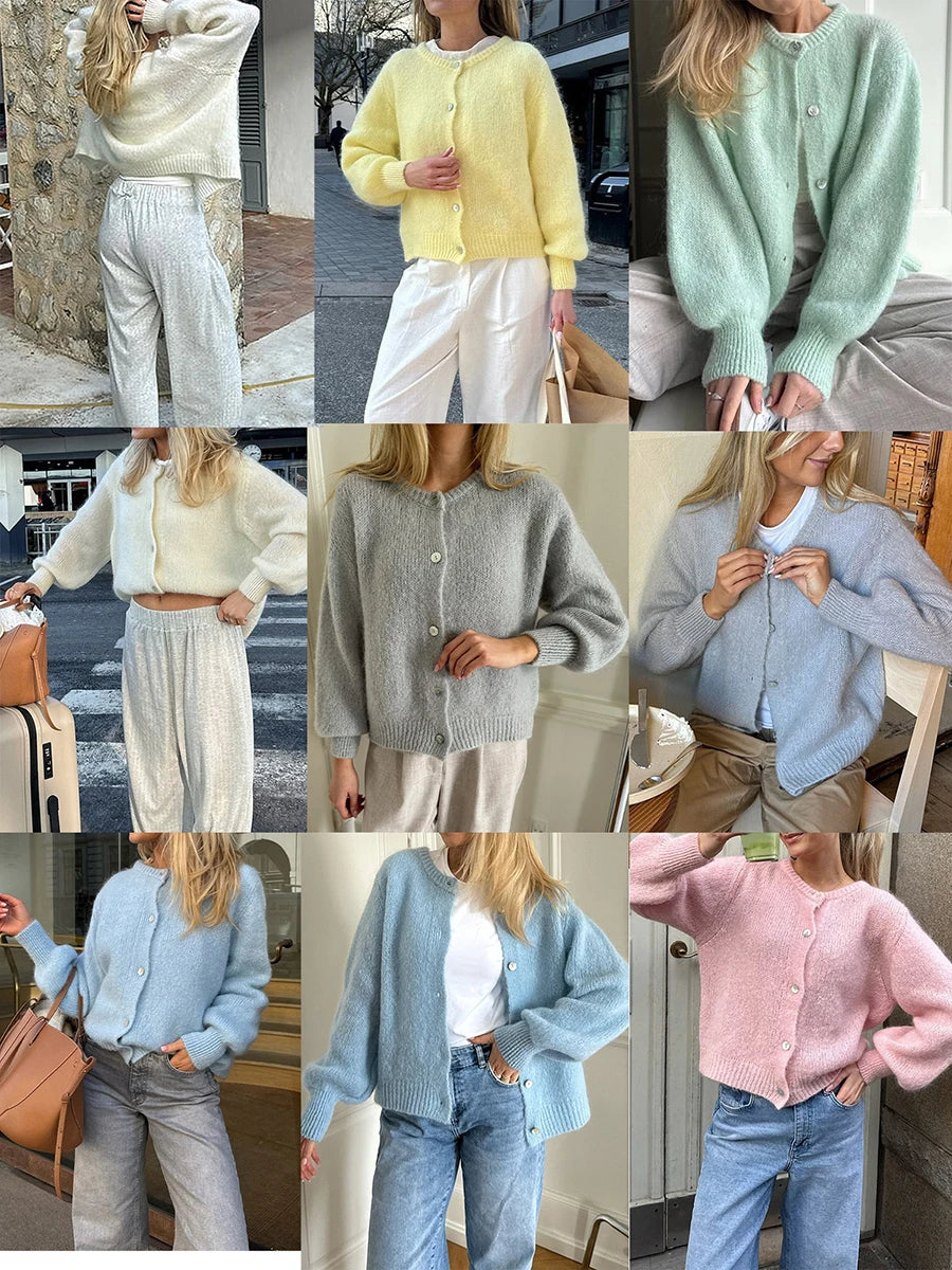 Women Solid Knitted Single Breasted Cardigan O-neck Long Sleeve Loose Soft Sweater 2024 Autumn Lady Knitwear - Smarsty