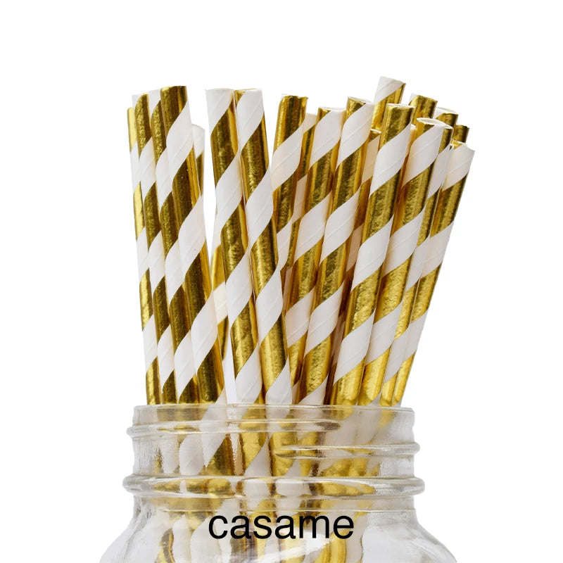 Metallic Gold Foil Stripe Paper Straws for Parties - Smarsty