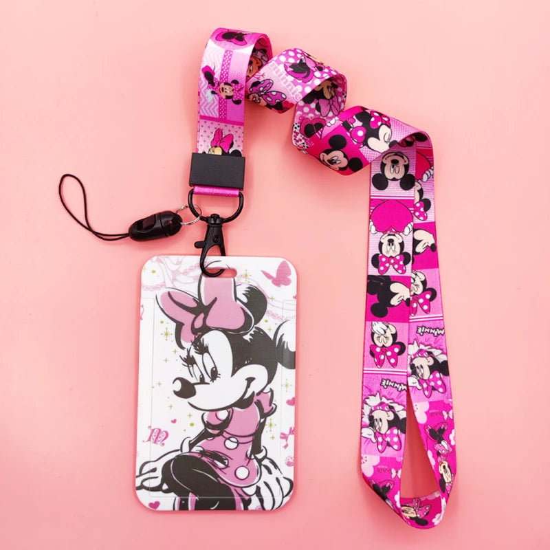 Disney Pink Lanyard ID Badge Holder Mickey Credit Card Case Neck Strap Minnie Card Holders Girl Credentials Accessories Keychain
