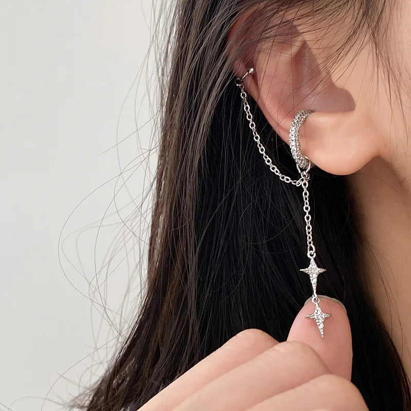 Shiny Silver Crystal Tassel Non-Piercing Ear Clip Earrings - Smarsty