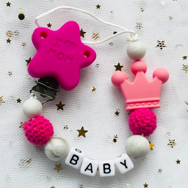 NEW Custom Personalized Name Pacifier Clip Handmade Beech Wooden Chain Silicone Crown Holder Soother Baby Teething Toy Chew Gift by Smarsty