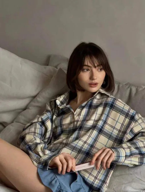 Oversized Plaid Shirt Autumn Winter Women Vintage Long Sleeve Fashion Loose Lapel Pocket Shirt Fit Blouse Korean Style - Smarsty