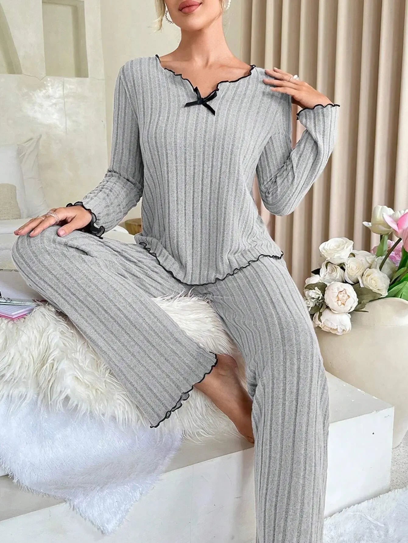 Women Autumn Winter Sleepwear Ribbed Pajamas Set Long Sleeve Top and Long Pants 2 Piece Set Casual Homewear Loungewear - Smarsty