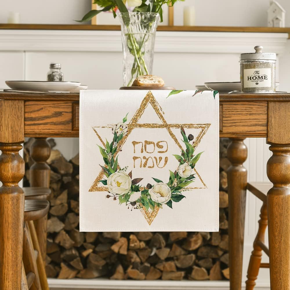 Hexagram Flowers Linen Table Runner for Passover Decor - Smarsty