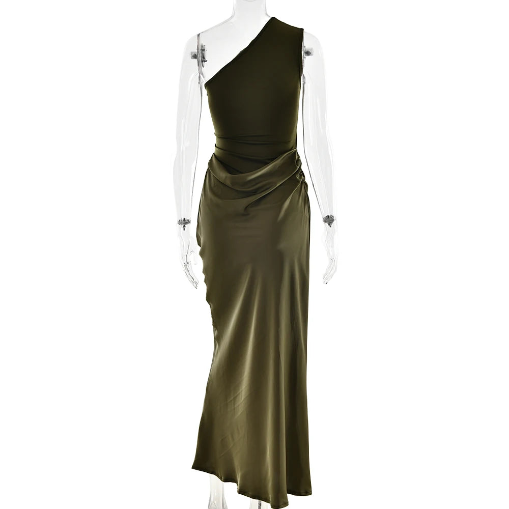JULISSA MO Patchwork Satin Sexy One Shoulder Women Maxi Dress Brown Sleeveless Evening Dress Summer Slim Elegant Party Clubwear - Smarsty