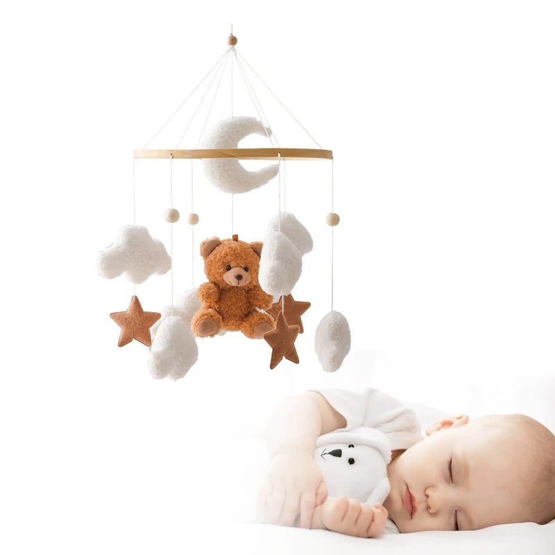 Wooden Crib Mobile Baby Bed Bell Rattle Toy Soft Felt Cartoon Bear Mobile Hanging Newborn Music Box Bed Bell Hanging Bracket Toy by Smarsty