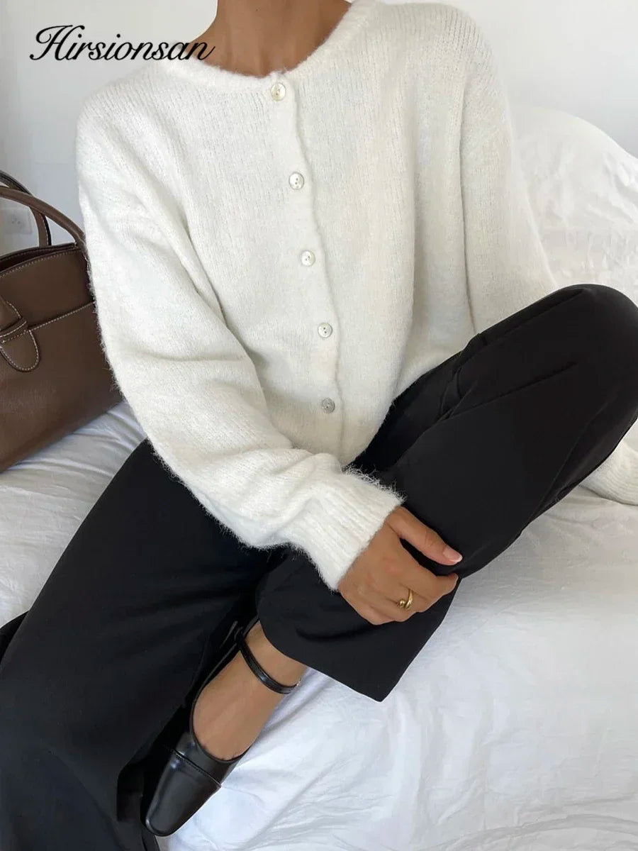Hirsionsan Elegant Long Sleeve Sweater Women 2024 New Single-Breasted Female Casual Cardigan Soft Cashmere Knitted Outwear - Smarsty