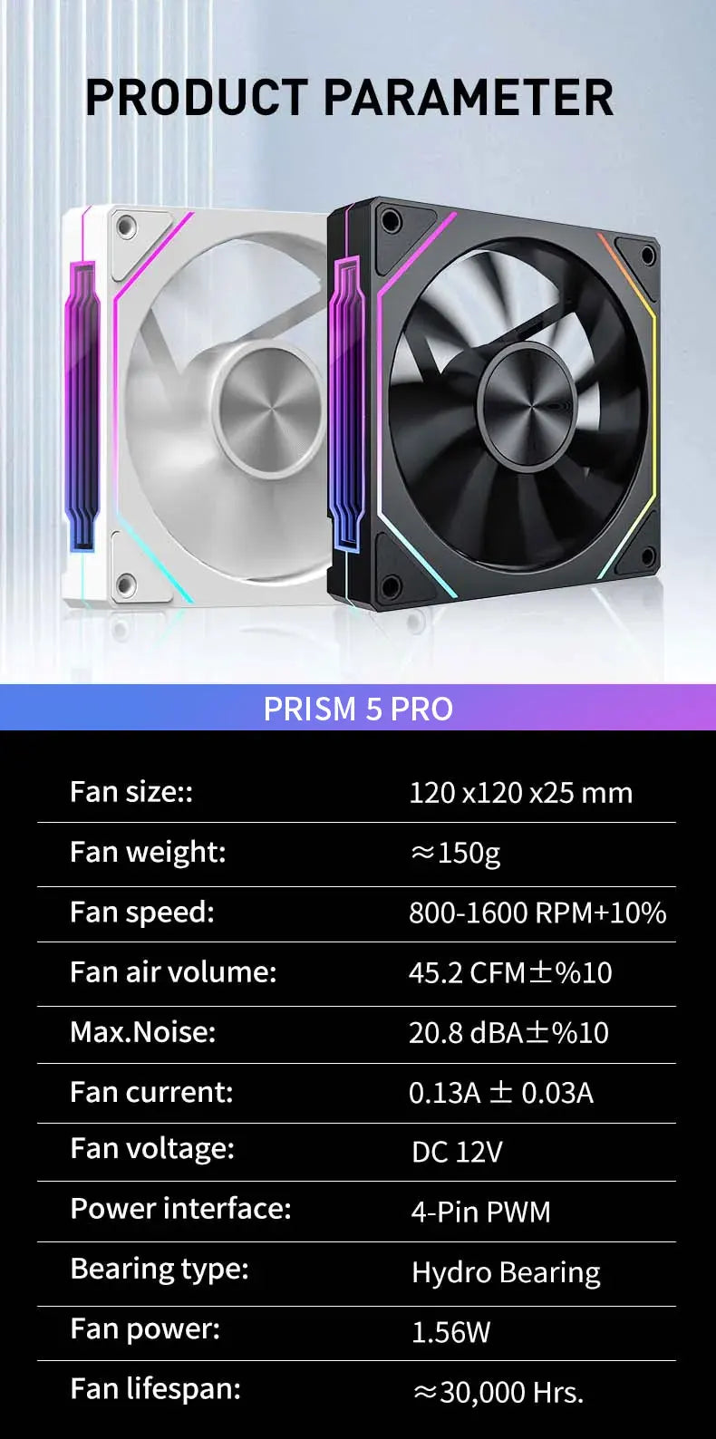 LDPCSJ OEM PRISM 5 PRO Computer Chassis Fan 12cm ARGB 4 Pin PWM Quiet Cooling Fan 12V Large Air Volume 45.2CFM/800-1600RPM