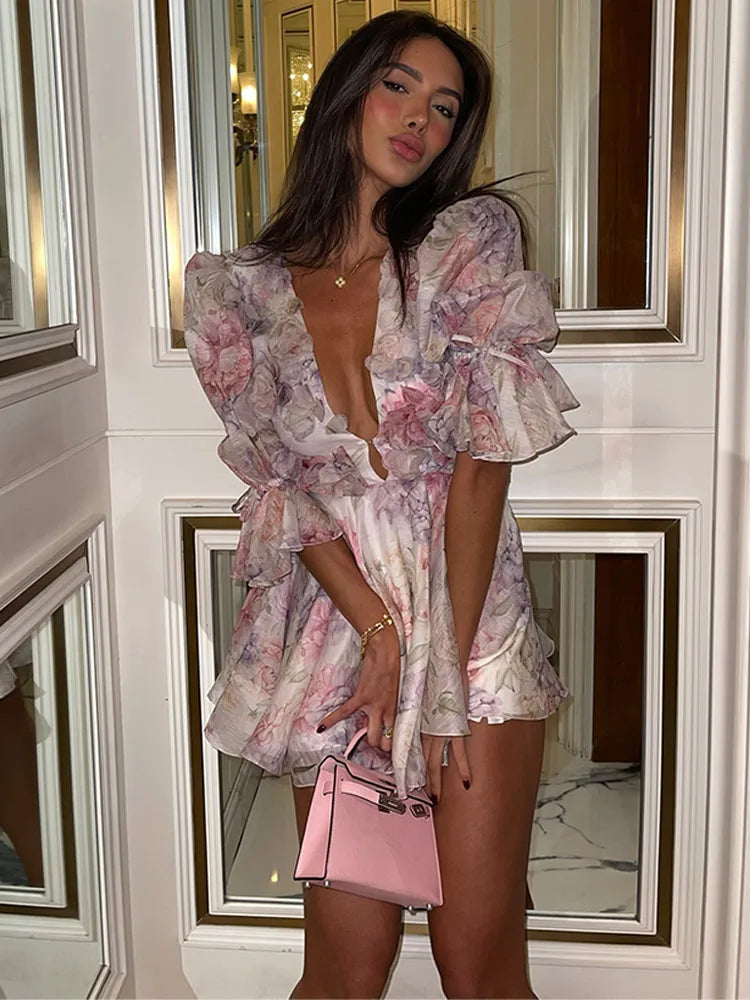 Women Mesh Patchwork Flower Print Mini Dress Elegant V-neck Short Sleeve High Waist A-line Dresses 2025 New High Street Vestidos - Smarsty