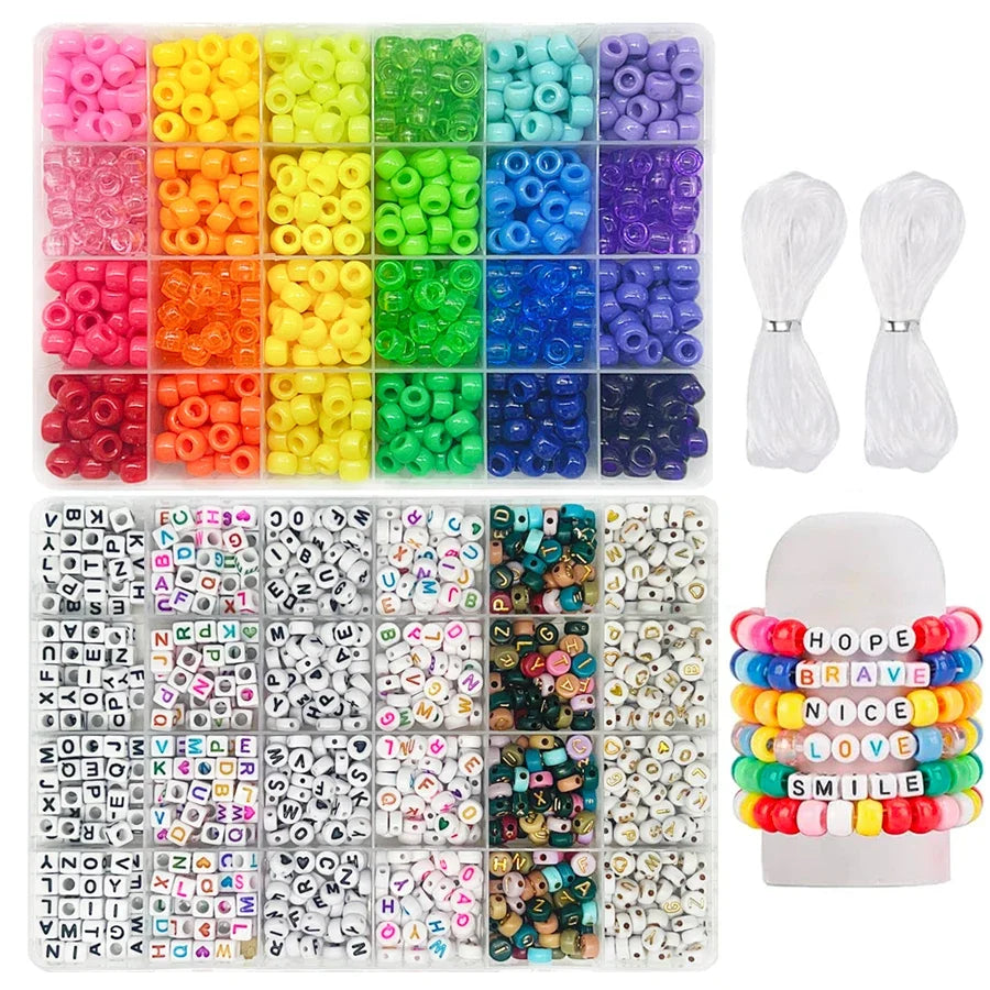 Pony Beads for Friendship Bracelet Making Kit 24 Colors Kandi Beads Set, 720pcs Plastic Rainbow Bulk and 980pcs Letter Beads wit - Smarsty