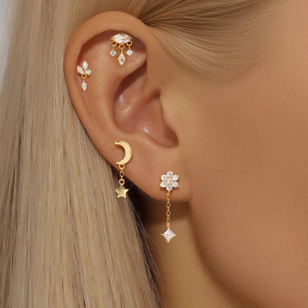 925 Silver Star Moon Zircon Stud Earrings Hypoallergenic - Smarsty