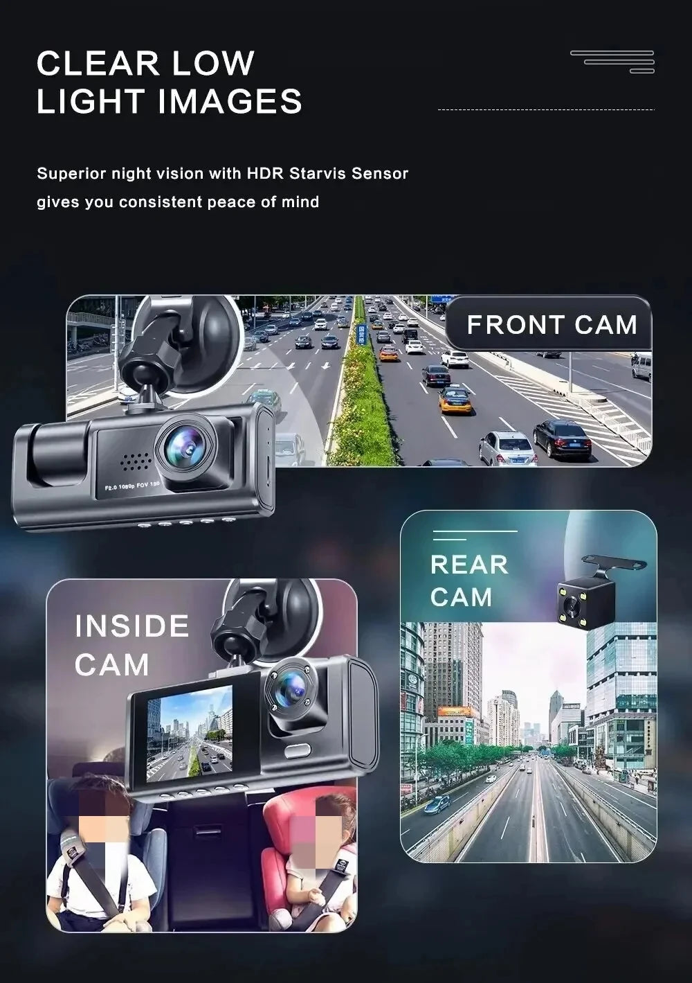 1080P 3 Channel Dash Cam Night Vision Crystal IPS Screen - Smarsty