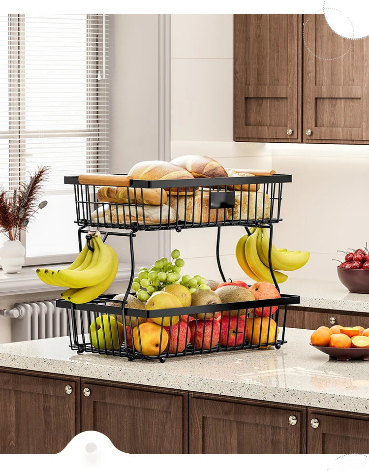 fruit basket vegetable basket,Metal storage basket with hook and wooden handle,Stackable and removable kitchen storage rack