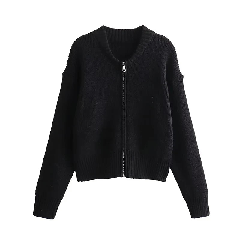 Vintage Knit Women Cardigan Casual Full Sleeve Zipper O Neck Pleated Solid Lady Sweater 2025 Autumn Fashion Female Knitwear - Smarsty