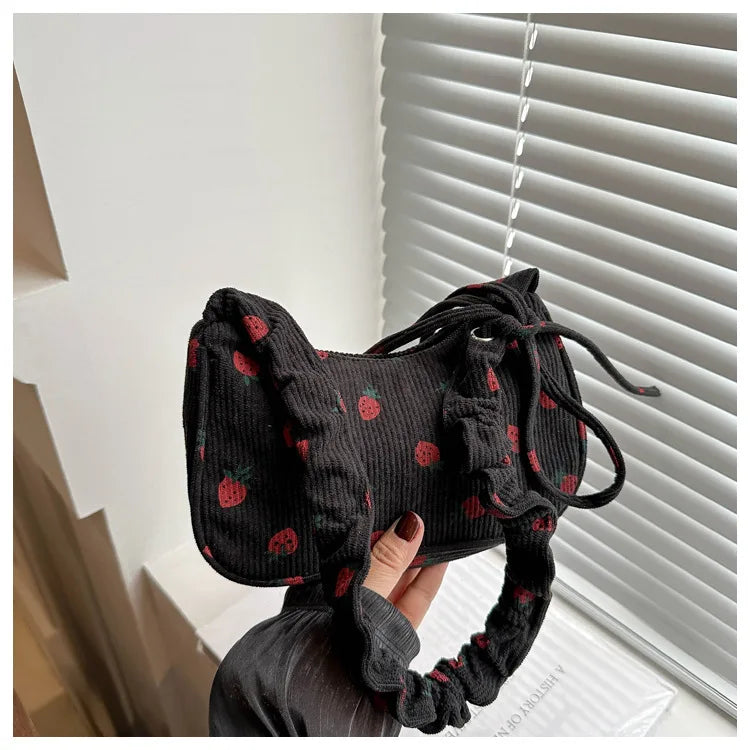 Corduroy Underarm Bag For Women Strawberry Print Mini Tote - Smarsty