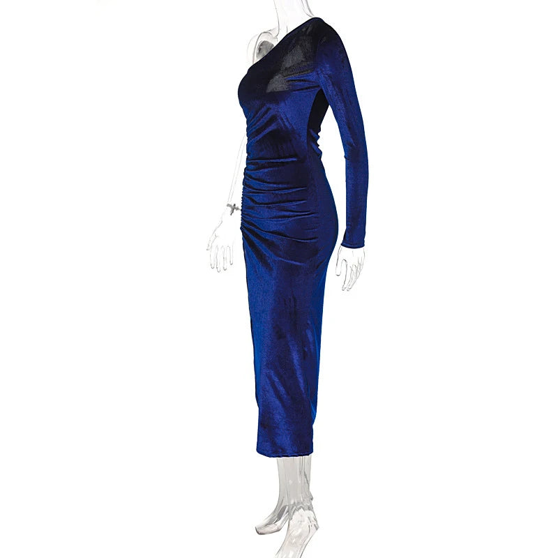 Women Elegant Long Sleeve Party Evening Velvet Bodycon Split Pencil Midi Dress Spring Autumn Clothes - Smarsty