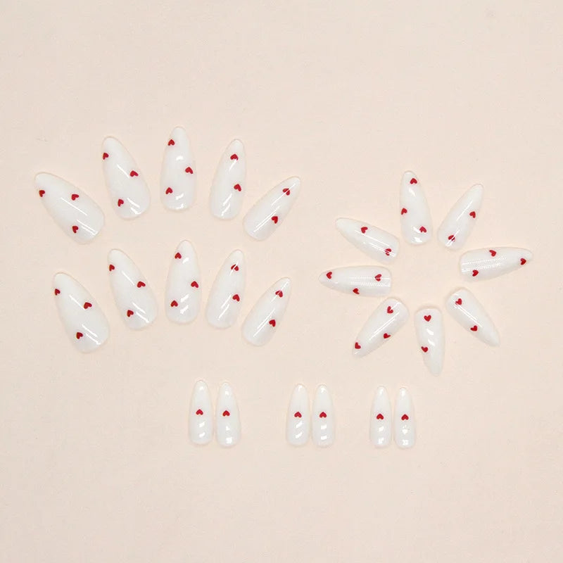 24 Piece White Almond Heart-Shaped False Nail Set - Smarsty