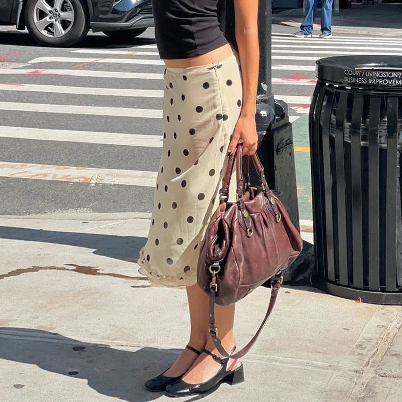 BIIKPIIK Casual Women Polka Dot Skirts Lettuce Trim Beige Elegant Midi Skirts Streetwear Simple All-match Bottom Clothing Spring - Smarsty