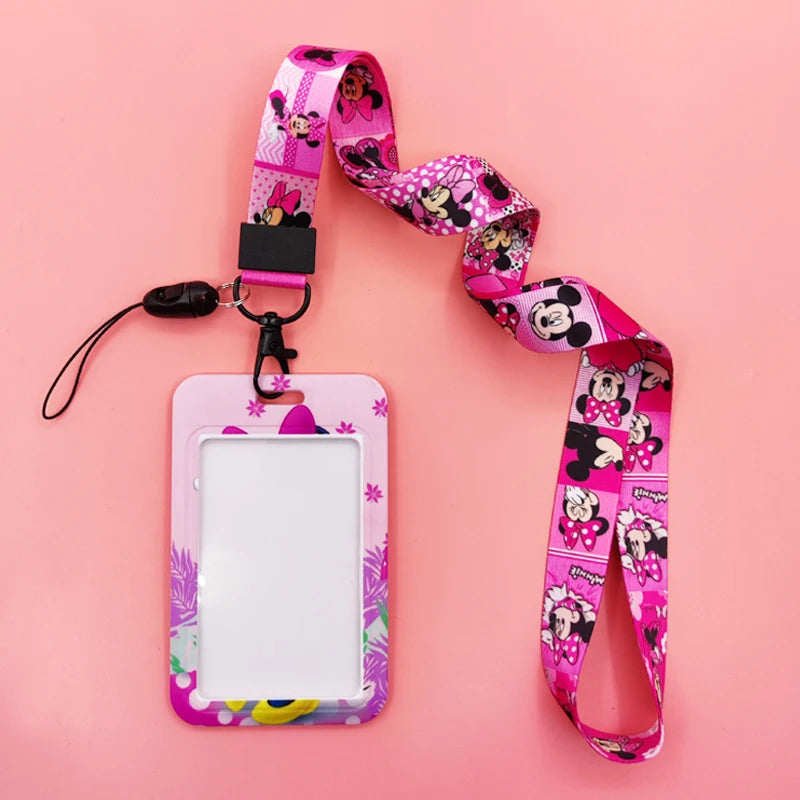Disney Pink Lanyard ID Badge Holder Mickey Credit Card Case Neck Strap Minnie Card Holders Girl Credentials Accessories Keychain