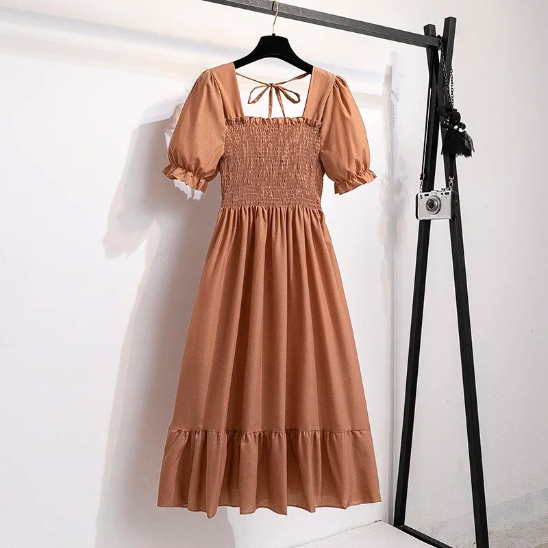 Spring Summer Chiffon Dresses Fashion Female Elastic Waist Short Sleeve Pleated Casual Dress Women A-line Dresses Vestidos - Smarsty