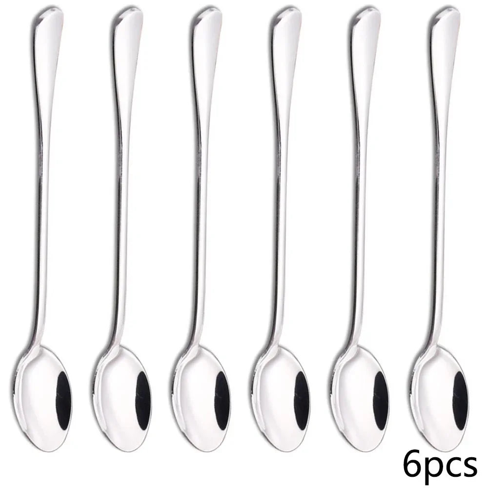 6PCS Long-handled spoon, thickened stainless steel coffee spoon, pointed stirring spoon, round-tipped spoon, ice spoon