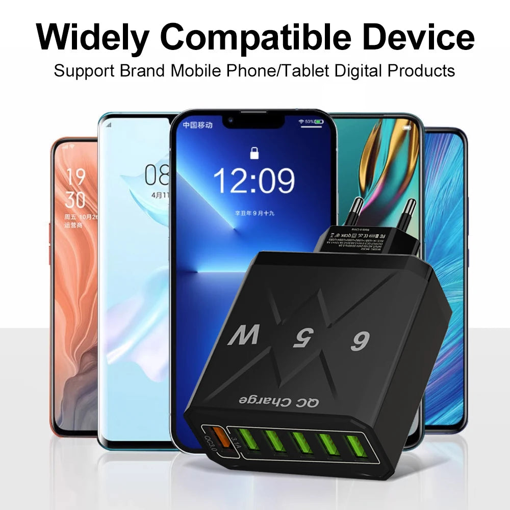 65W 6 Port USB Charger Fast USB QC3.0 Travel Adapter - Smarsty