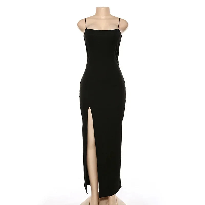 Women Summer Sexy Bodycon Dress Lady Sexy Spaghetti Strap Sleeve Split Solid Color Sheath Dress Vestidos - Smarsty