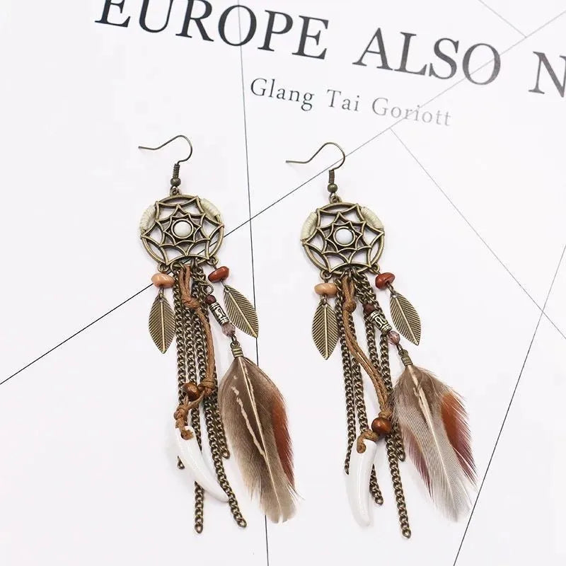 Boho Vintage Dream Catcher Earrings with Long Tassels for Women - Smarsty