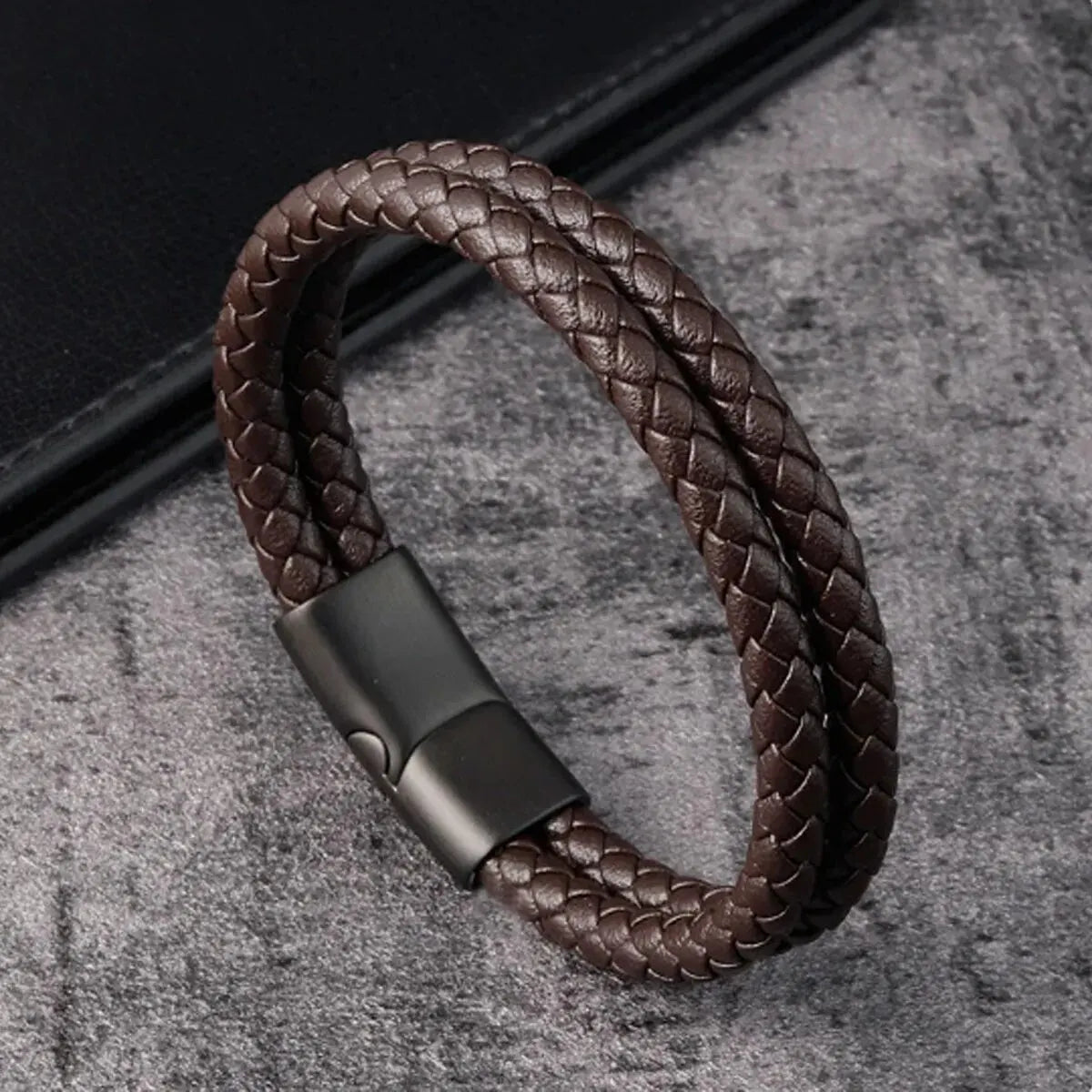 Mens Braided Leather Bracelet Double Band Bangle - Smarsty