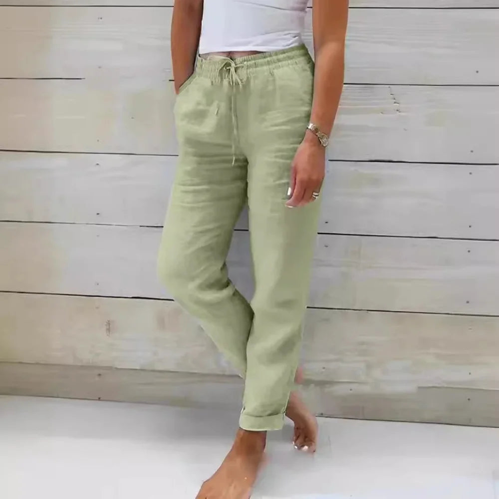 Summer Cotton Linen Pants For Women High Waist Elastic Sweatpant 2025 Loose Pencil Pant Casual Streetwear Solid Pocket Trousers - Smarsty
