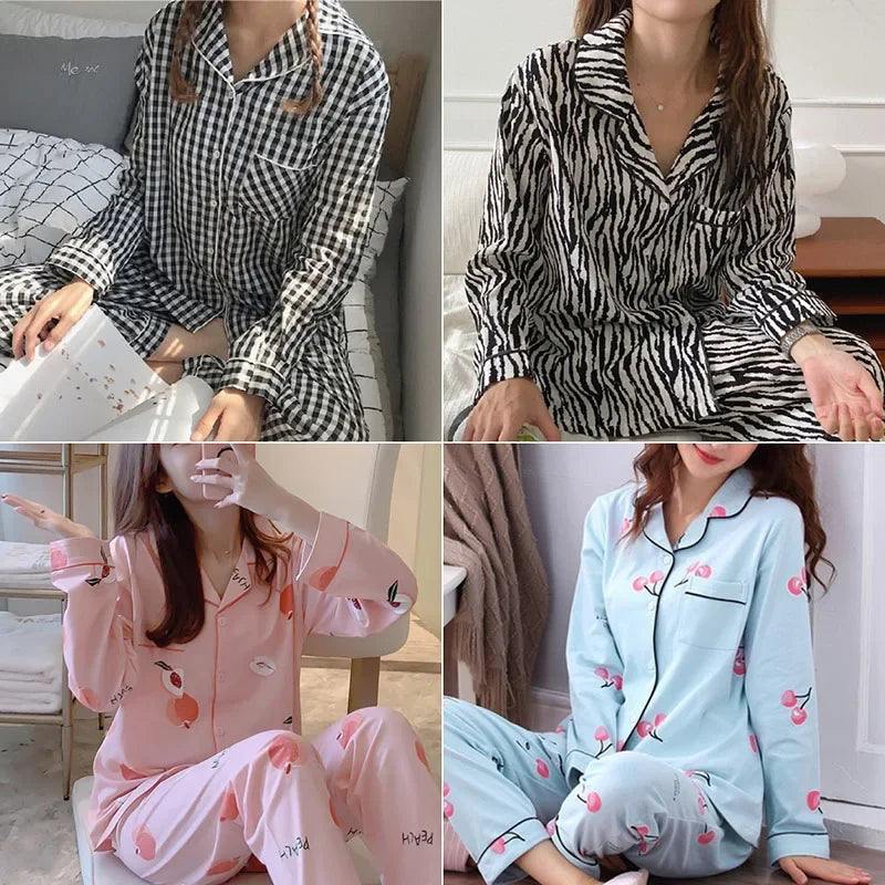 Women's Pajamas Set V-Neck Button down Top and Trousers Sleepwear Homewear Casual Nightwear Loungewear Autumn Winter Two-Piece - Smarsty