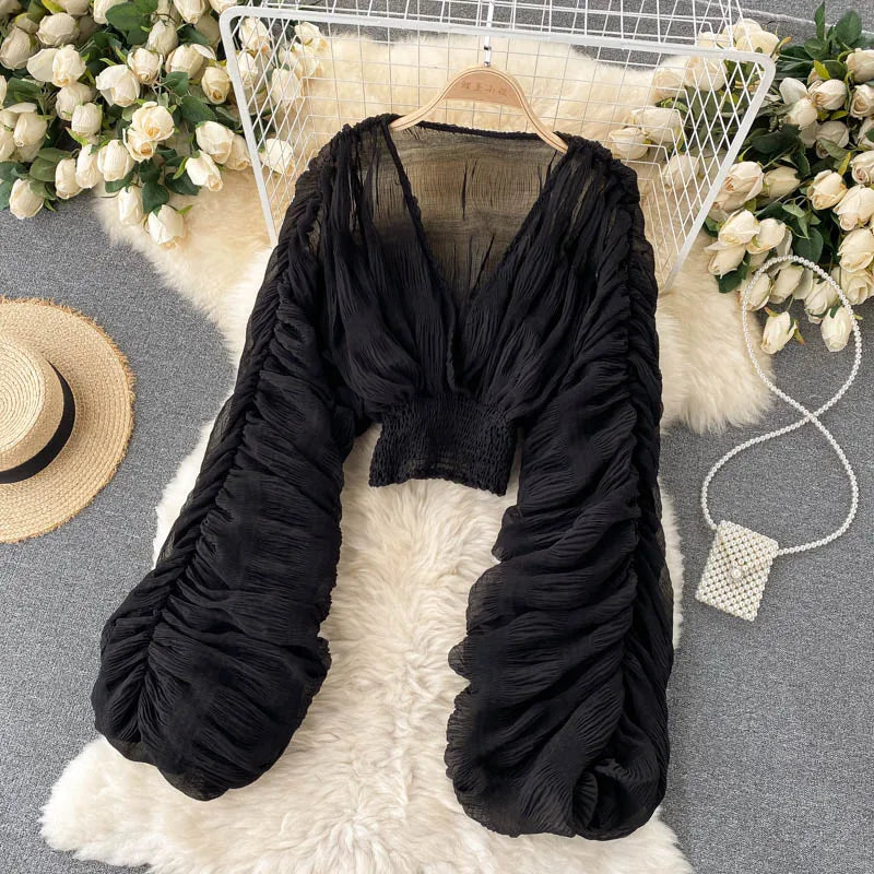 Women Sexy Chiffon Short Blouse Female See Through Super Long Sleeve Blusas Purple/Green/Black/White Folds Party Tops 2022 New - Smarsty