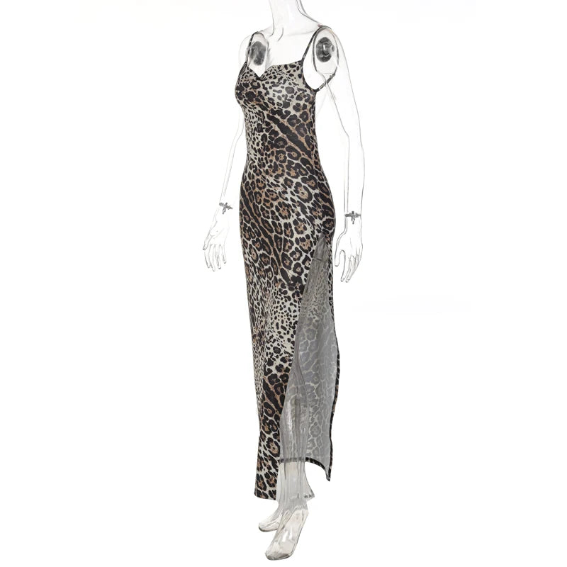 Hugcitar Leopard Print Swing Collar Sleeveless Sexy Maxi Slit Prom Dress Summer Women Fashion Y2K Clothes Party Beach Vacation