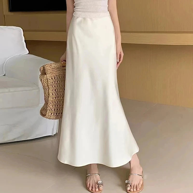Women 2025 Satin Black Skirt Women High Waist Long Skirts for Women Summer White Midi Skirt Office Elegant Daily Skirts - Smarsty