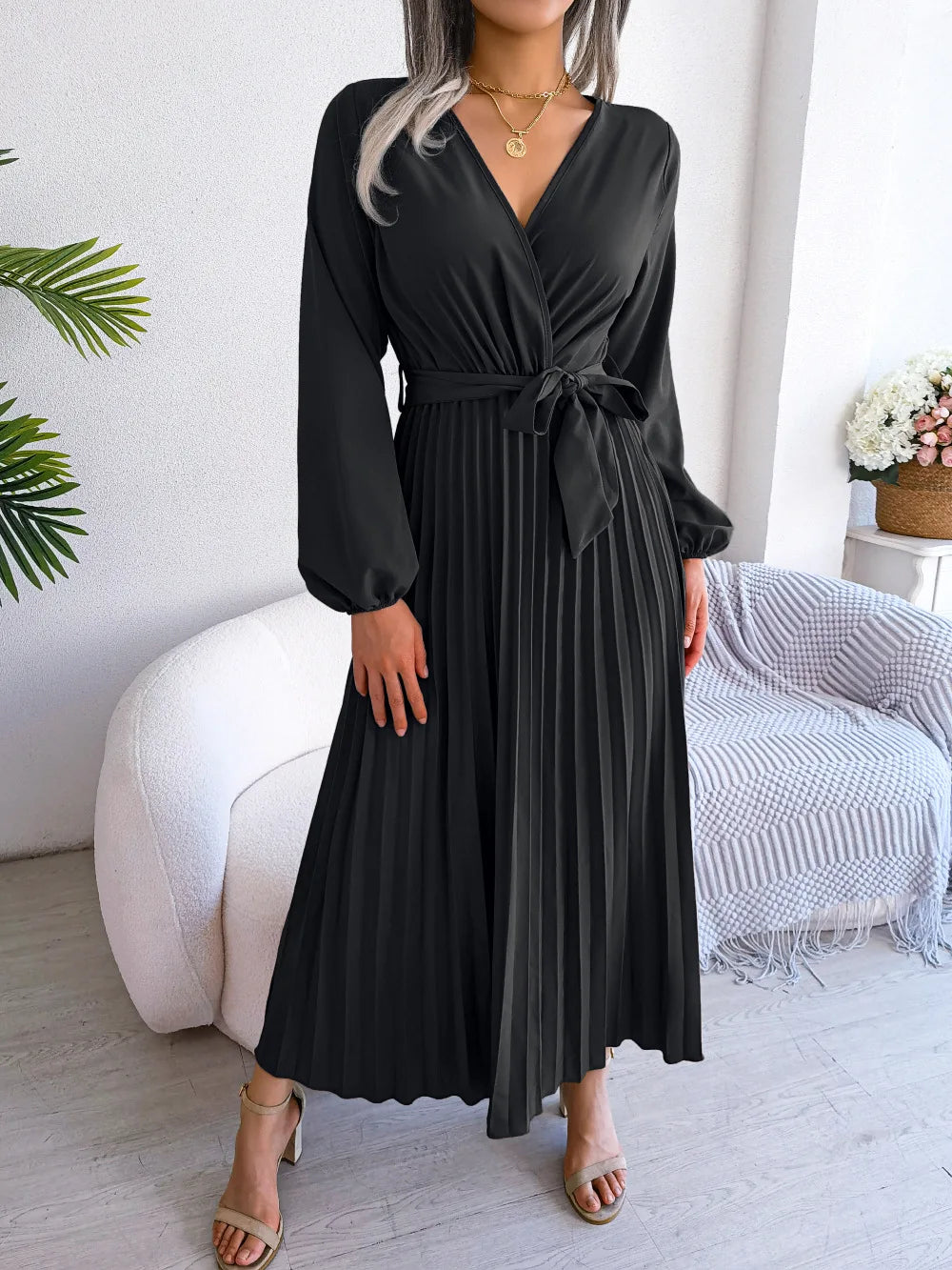 Women Elegant V Neck Long Sleeve Pleated Maxi Dress - Smarsty