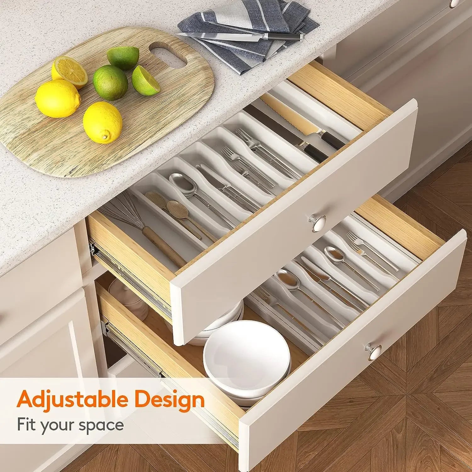 New Expandable Cutlery Drawer Organizer, Adjustable Kitchen Utensil Tray Set, Compartment Flatware Storage Divider