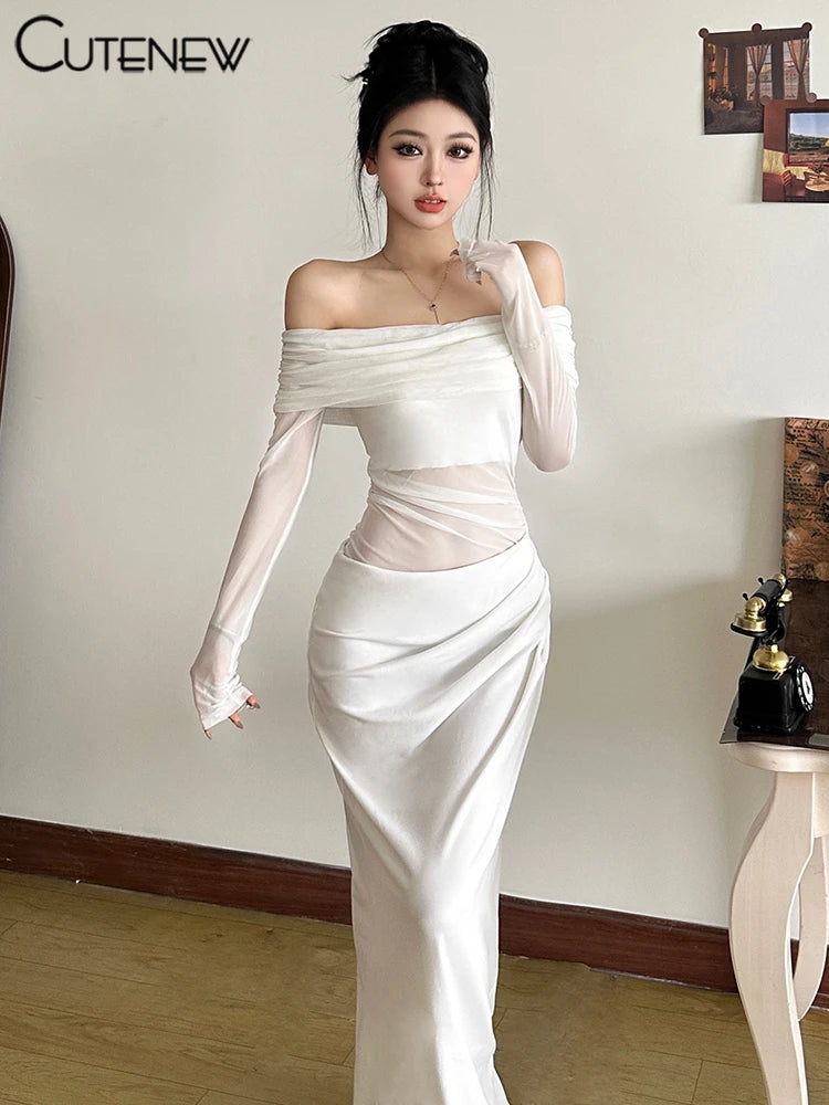 Cutenew Mesh Ruched Women Maxi Dress Sexy See Through Off Shoulder Long Sleeve Sheath Vestidos Female Midnight Party Solid Robe - Smarsty