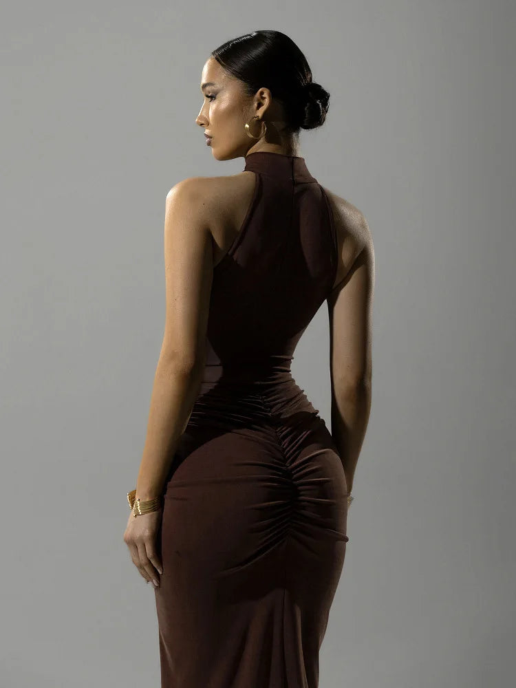 Mozision Halter Ruched Sleeveless Sexy Maxi Dress Women Gown Fashion Slim High Waist Evening Club Party Split Long Dress - Smarsty