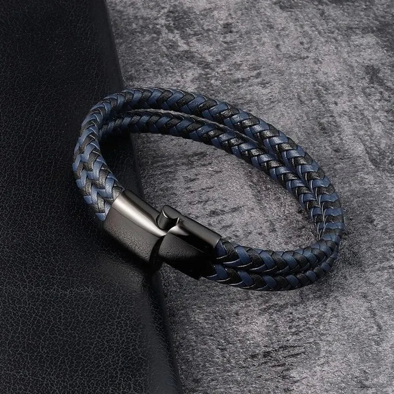 Mens Braided Leather Bracelet Double Band Bangle - Smarsty