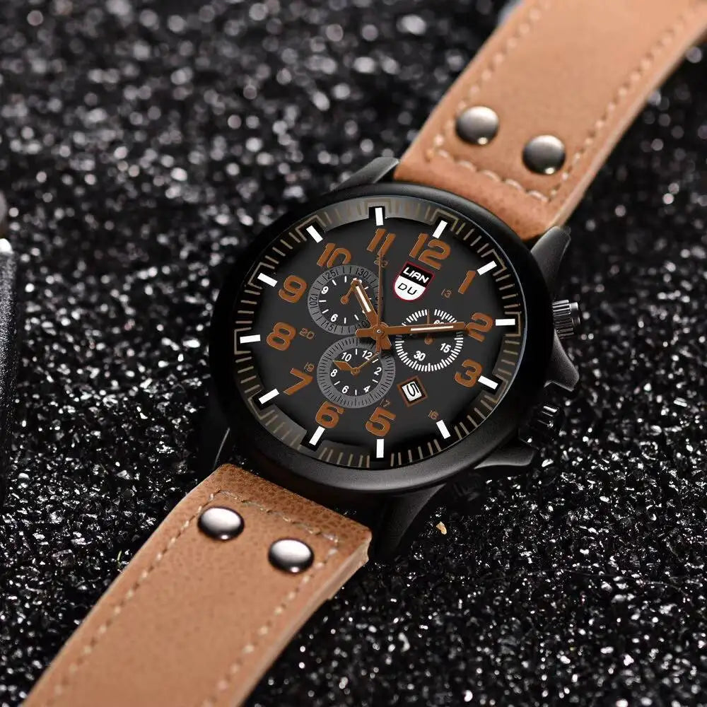 Men's Casual Leather Strap Quartz Sports Watch - Smarsty