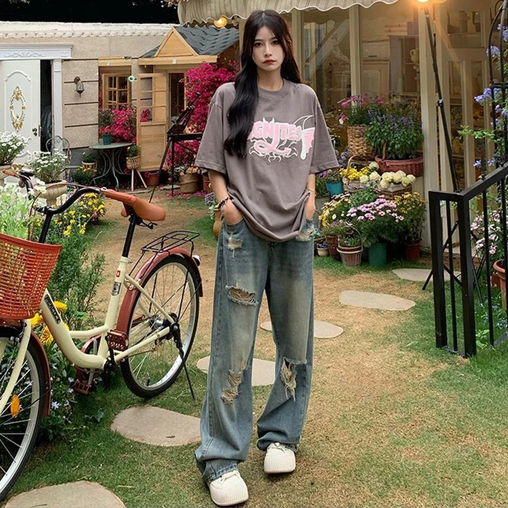 American Retro Hole-punched Jeans Women High Waist Straight-crotch Loose Slim Design High-street Vibe Wide-legged Dragging Pants - Smarsty