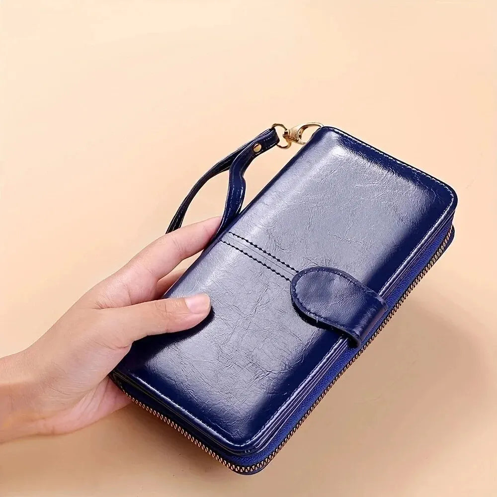 Women's Vintage Oil Wax PU Leather Clutch Wallet Female Large Capacity Phone Purse Ladies Wristband Simple Card Holder Pouch Bag - Smarsty