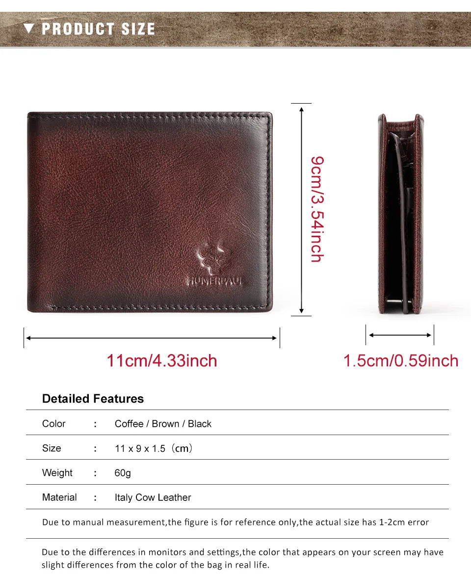 KAVIS Handmade Men's Wallet Genuine Leather RFID Card Holder with ID Window Large Capacity Male Storage Money Bag Fashion