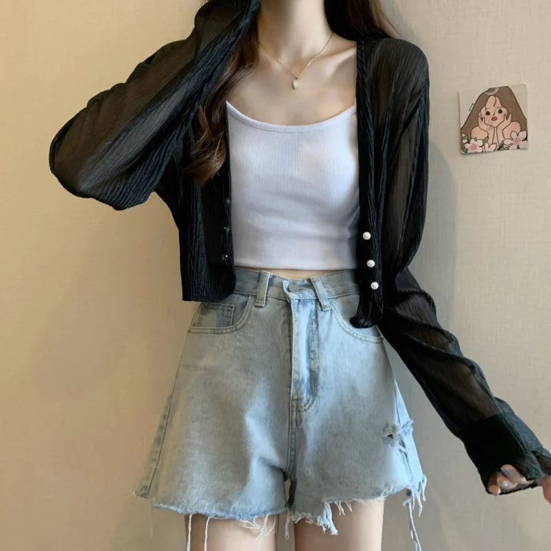 2025 Fairy Style Solid Cardigan Women Summer New Long Sleeve Sunscreen Sweet Beading V-neck Basics Loose Chiffon Cardigan - Smarsty
