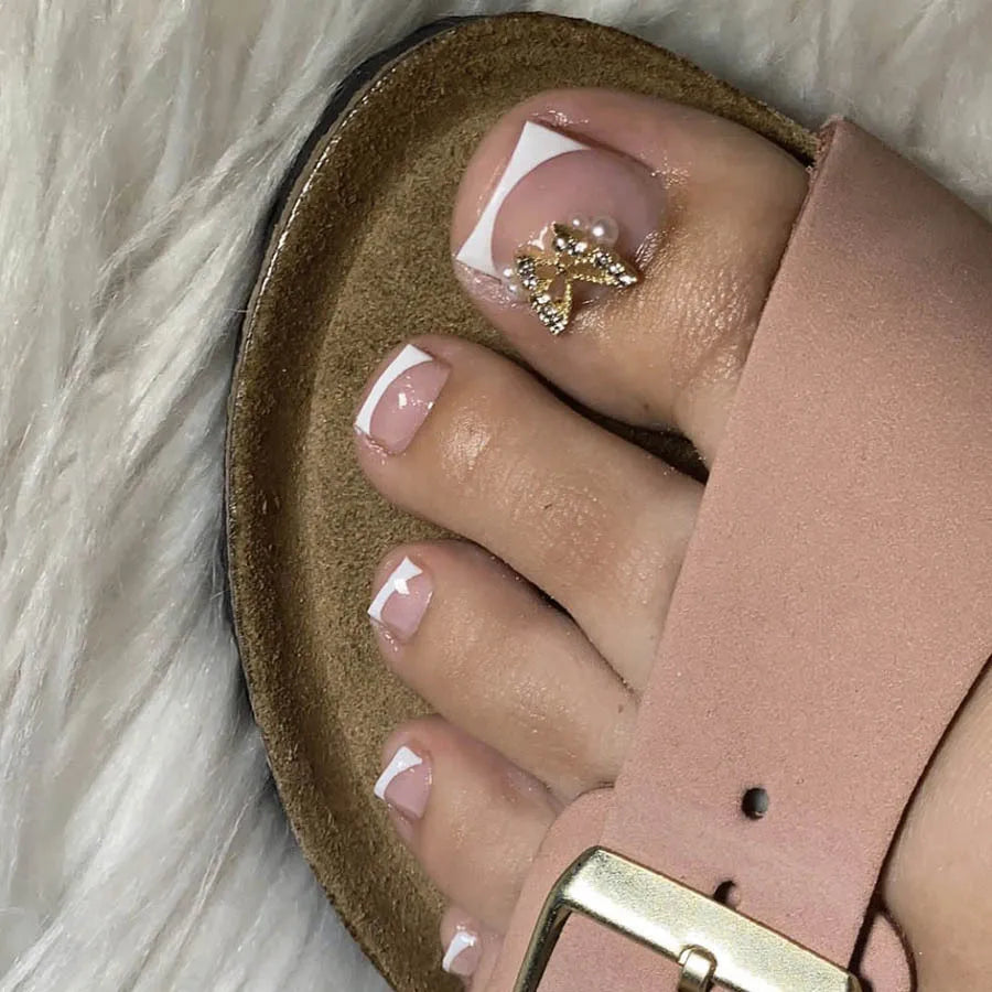 French False Toenails with Heart Rhinestone Design - Smarsty