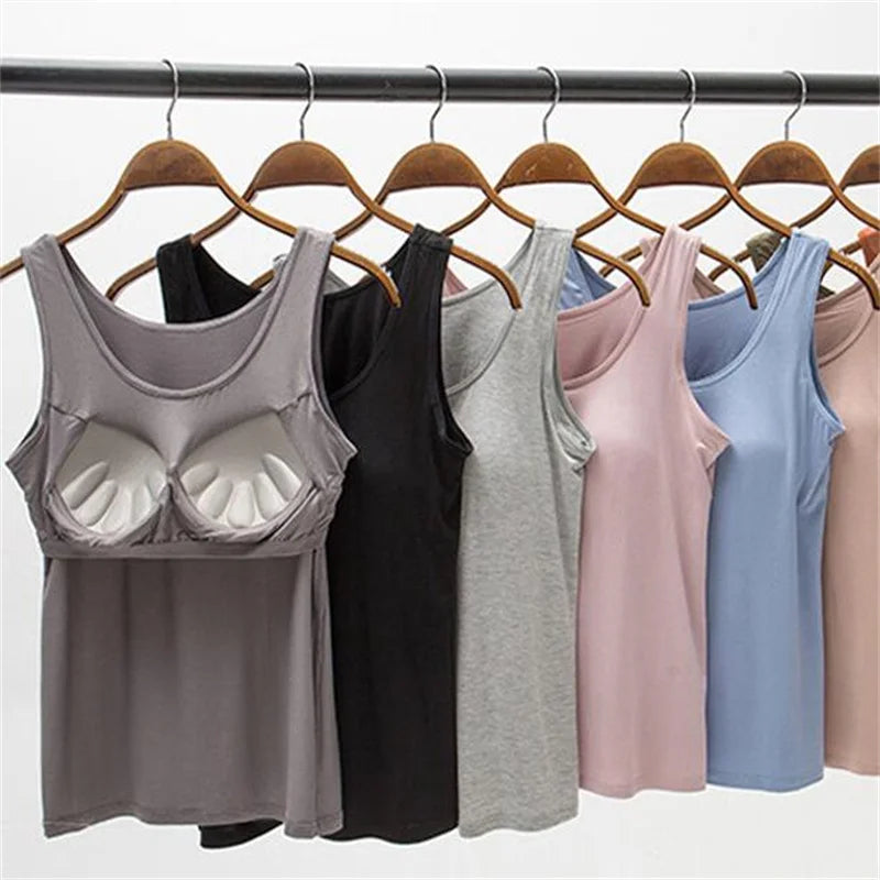 2023 Women's Vest Tops with Built In Bra Neck Vest Solid Color Padded Slim Fit Tank Tops Sexy Shirts Feminino Casual Tank Tops - Smarsty