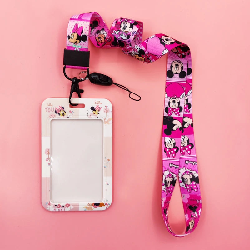 Disney Pink Lanyard ID Badge Holder Mickey Credit Card Case Neck Strap Minnie Card Holders Girl Credentials Accessories Keychain